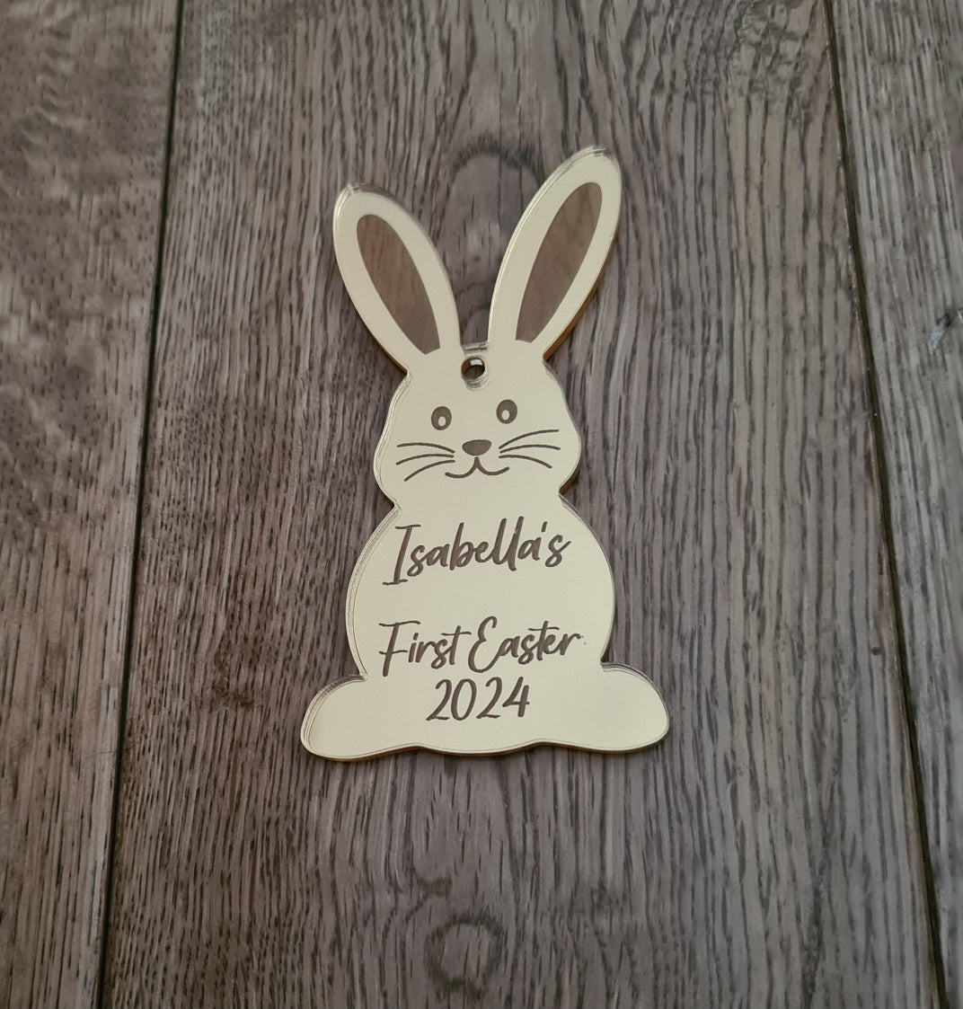 Personalised Acrylic 1st Easter 2025 Bunny Tag, Mirror Acrylic