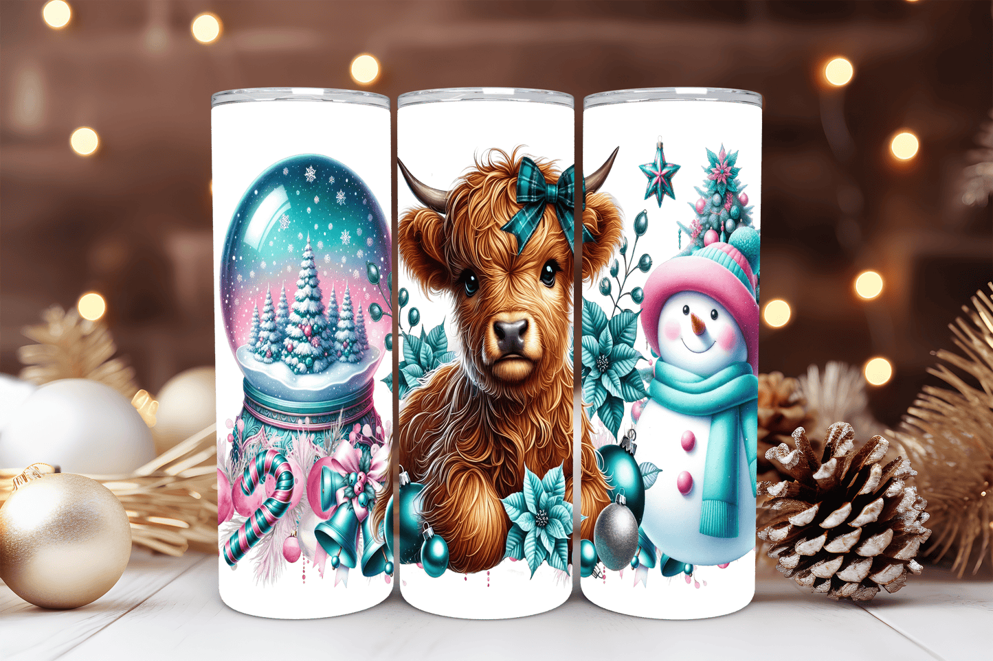20oz Skinny Tumbler Sublimation Print - Christmas Highland Cow - Mackie Direct