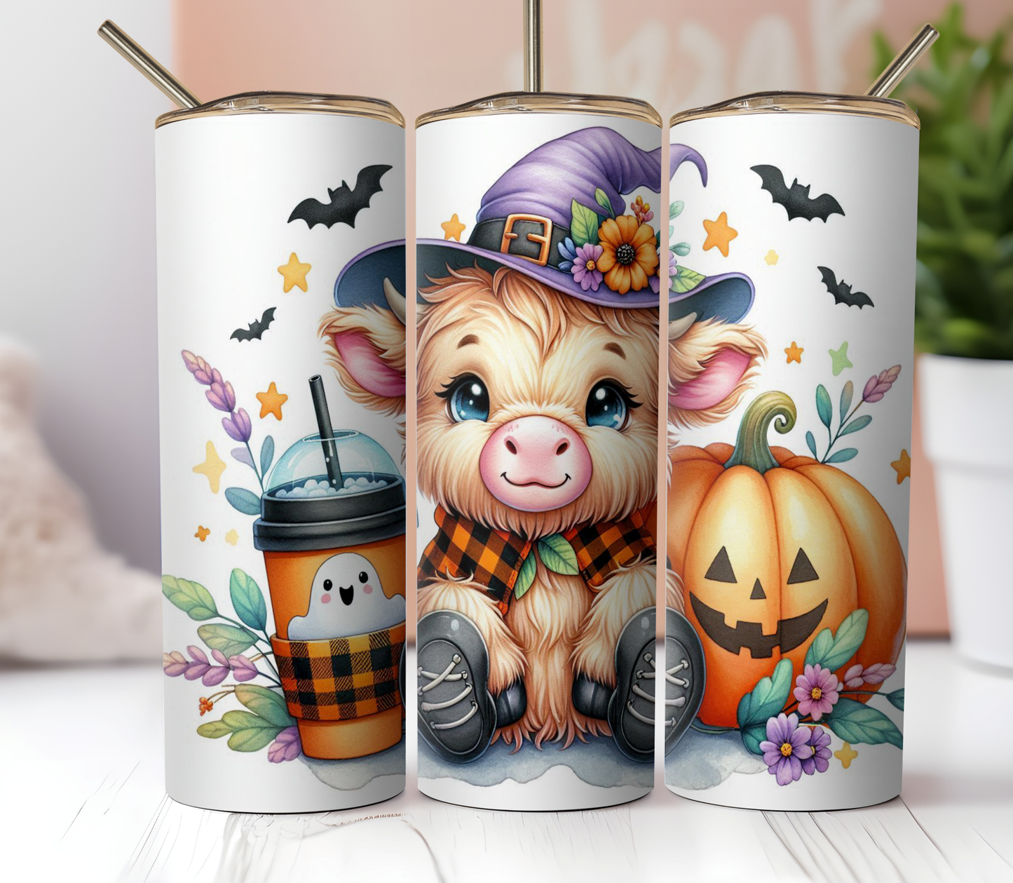 20oz Skinny Tumbler Sublimation Print - Highland Cow Halloween - Mackie Direct