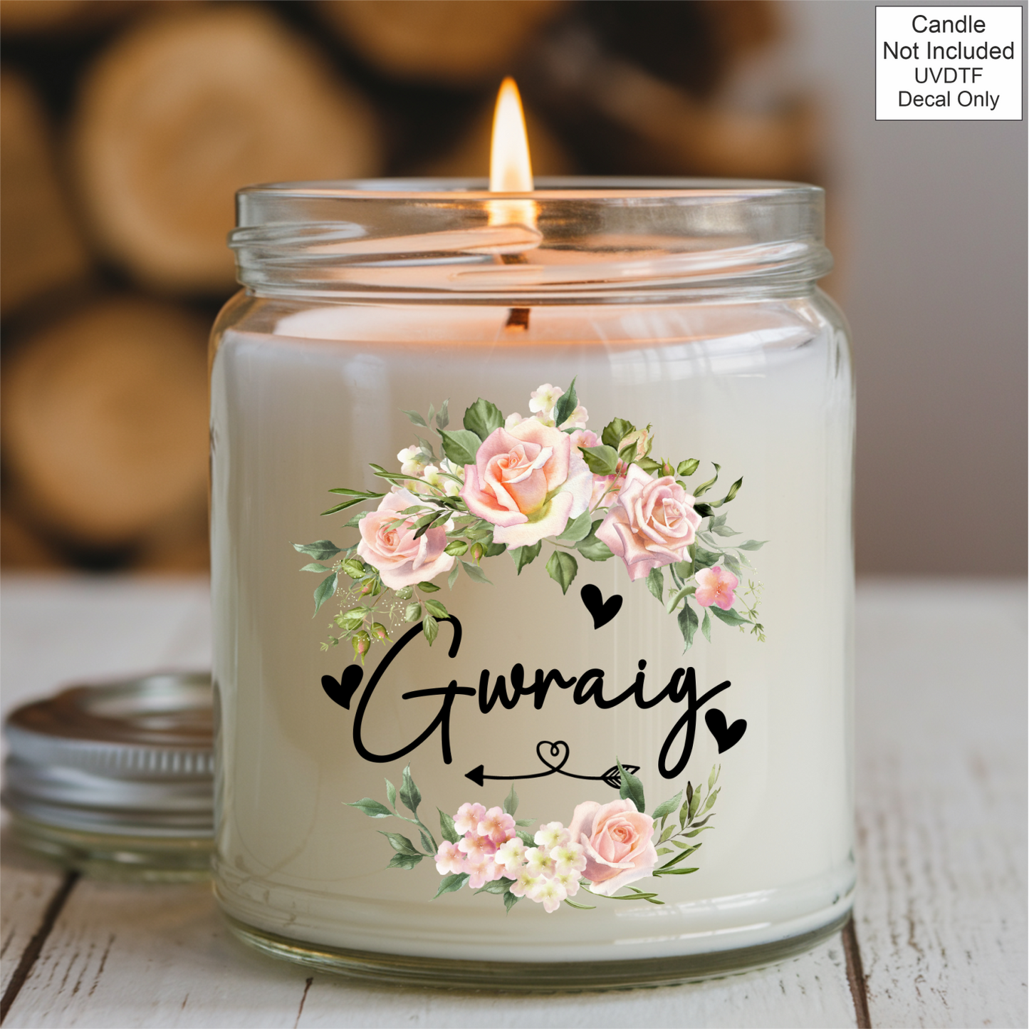 UVDTF Mothers Day Candle pink flowers- Welsh Names