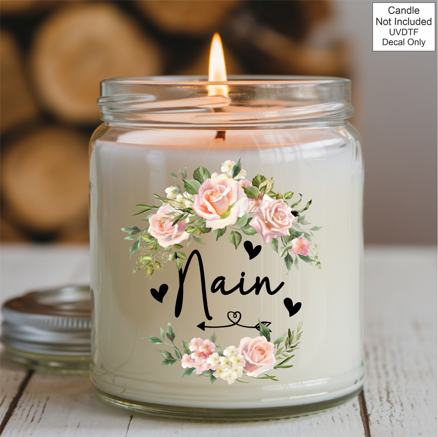 UVDTF Mothers Day Candle pink flowers- Welsh Names