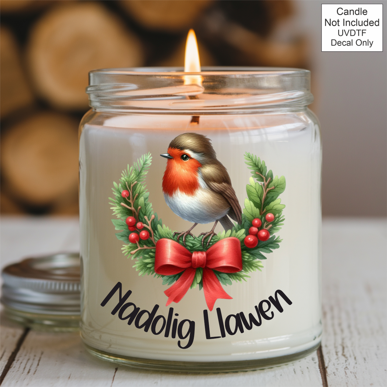 UVDTF Robin Nadolig Llawen Candle - Welsh
