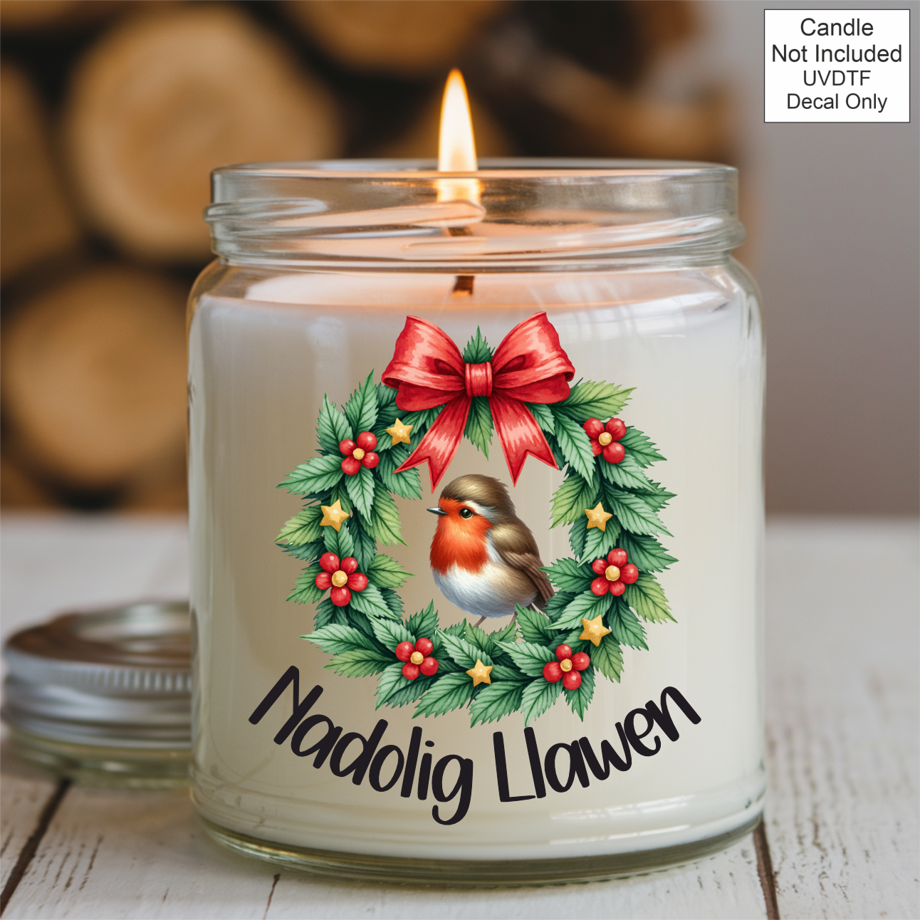 UVDTF Robin Nadolig Llawen Candle - Welsh