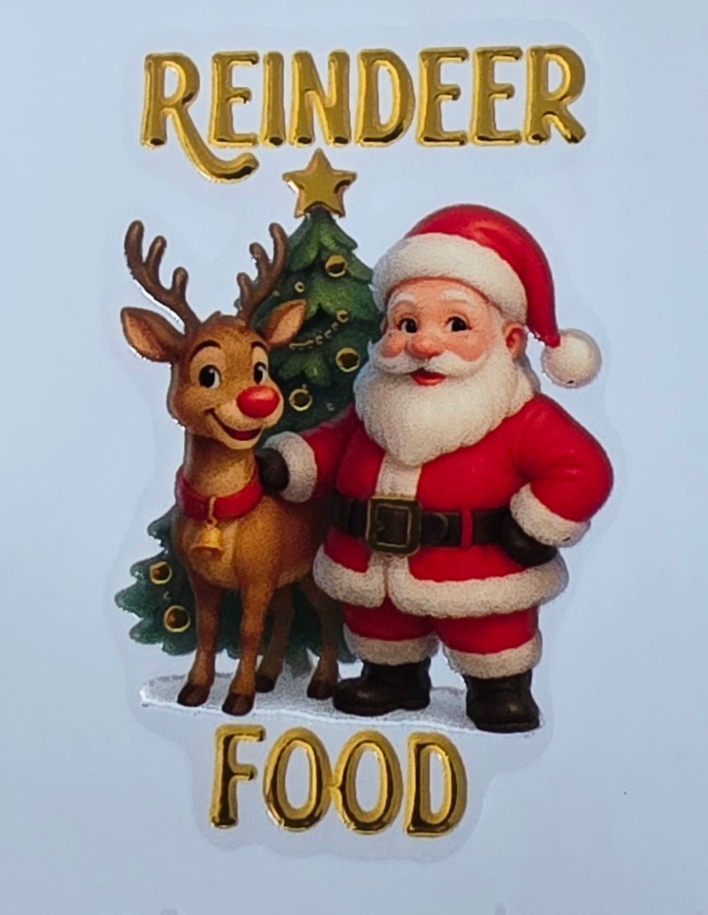 Decorative sign with Santa Claus and reindeer holding a Christmas tree, labeled 'Reindeer Food'.