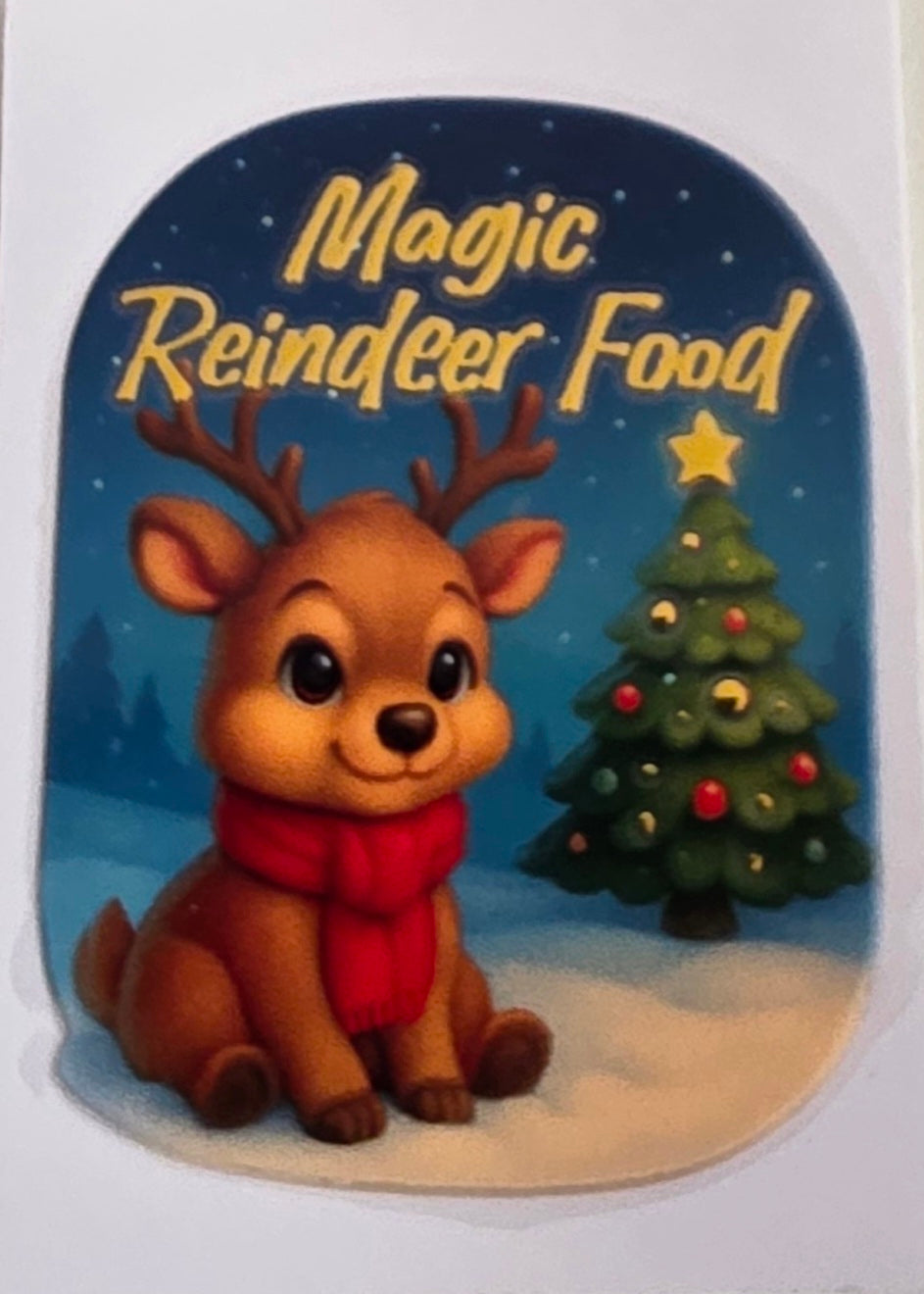 Decorative sign with a reindeer and Christmas tree, featuring 'Magic Reindeer Food' text.