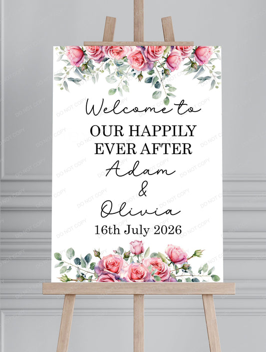 Wedding welcome sign with floral design on a white background