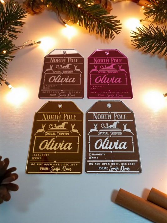 Personalised Acrylic North Pole Special Delivery Tag, Mirror Acrylic
