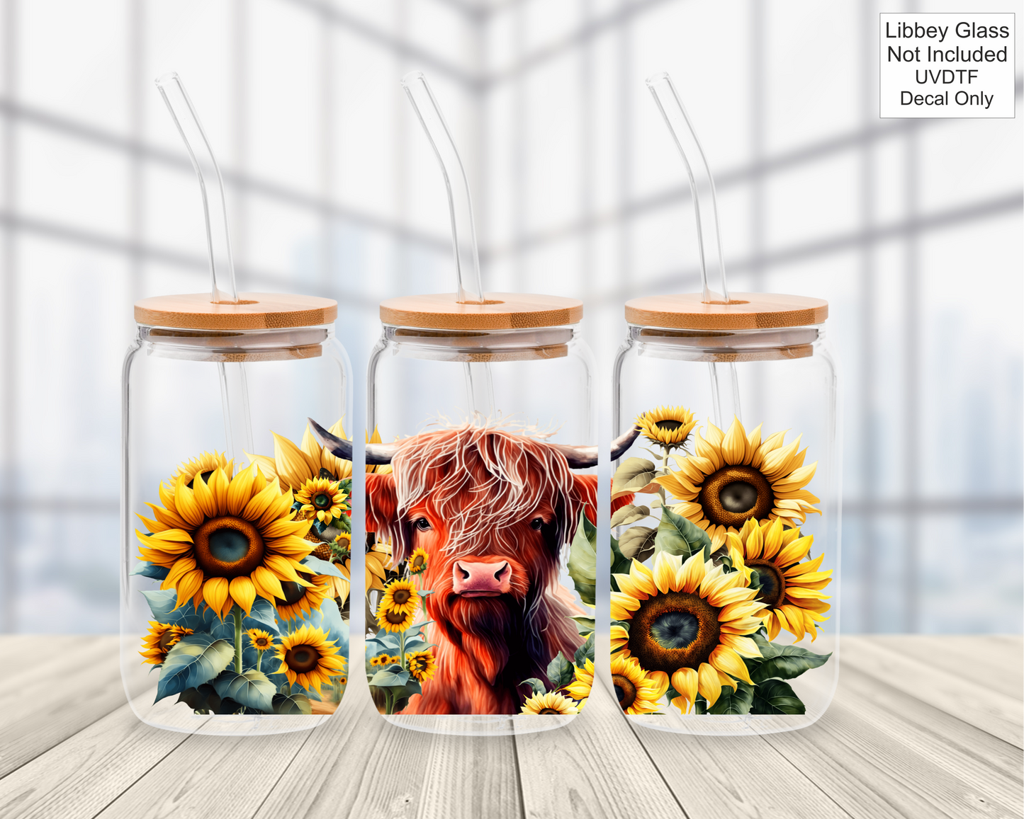 UVDTF 16oz Libbey Glass Wrap - Highland Cow Sunflowers